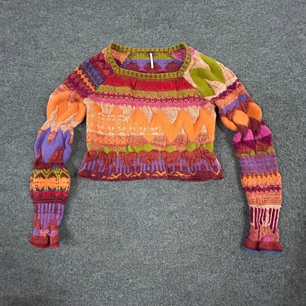 Free People Sweater Womens Size S Multicolor Wool Cotton Patchwork Cropped Boho